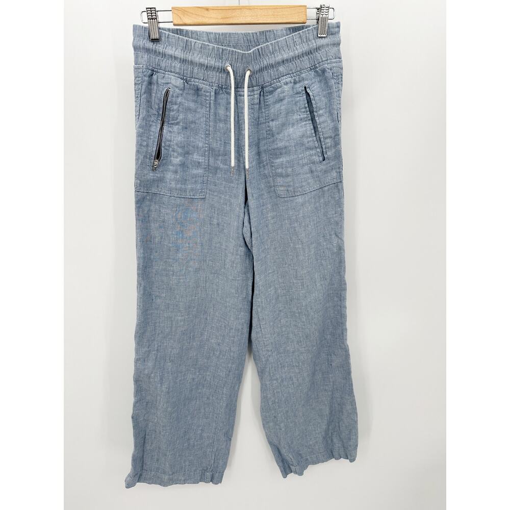 Athleta Pants Women 2 Blue Cabo Wide Leg Drawstring Waist 100% Linen Boho Cruise